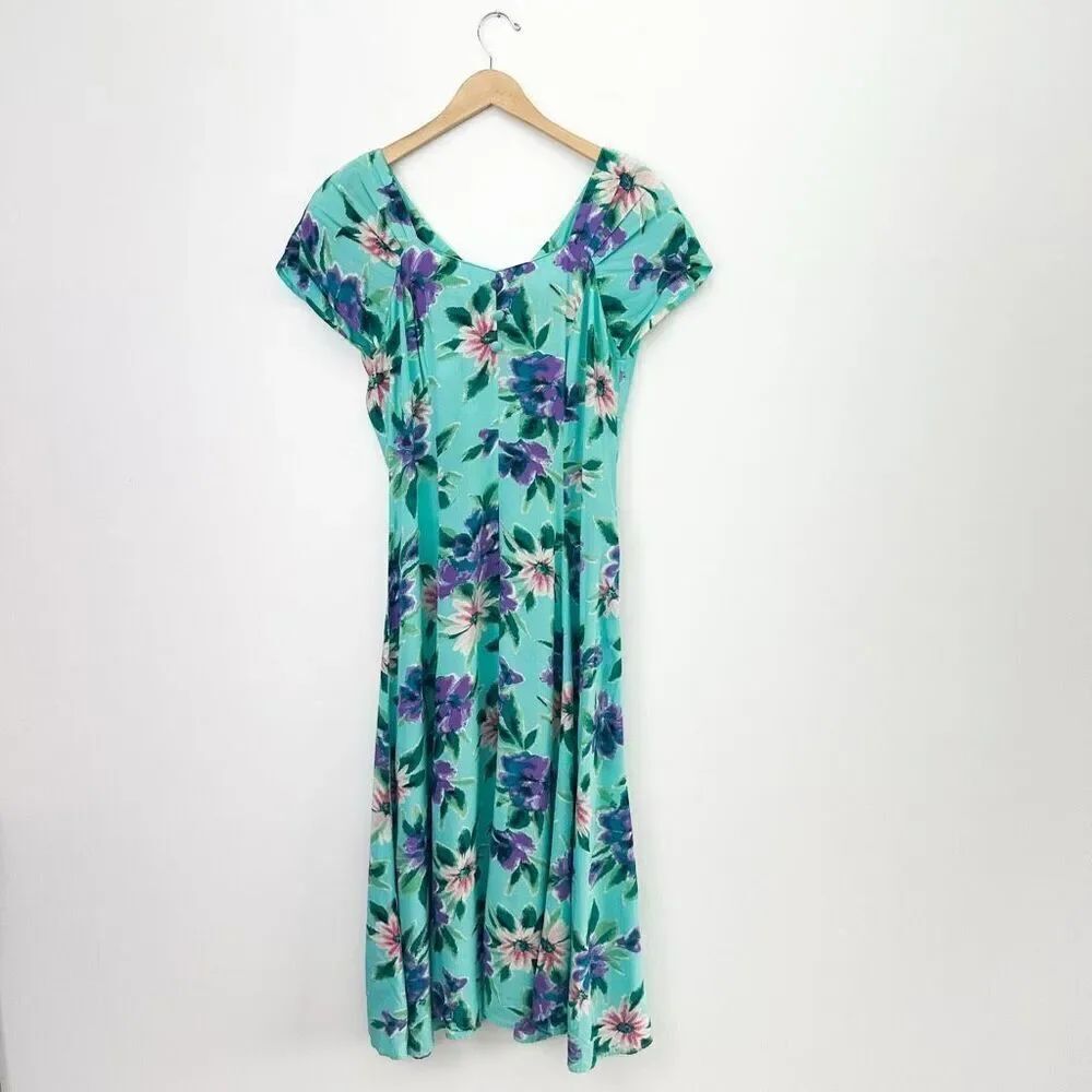 Carole Little Women’s Teal Floral Cap Sleeve Square Neckline Midi Dress